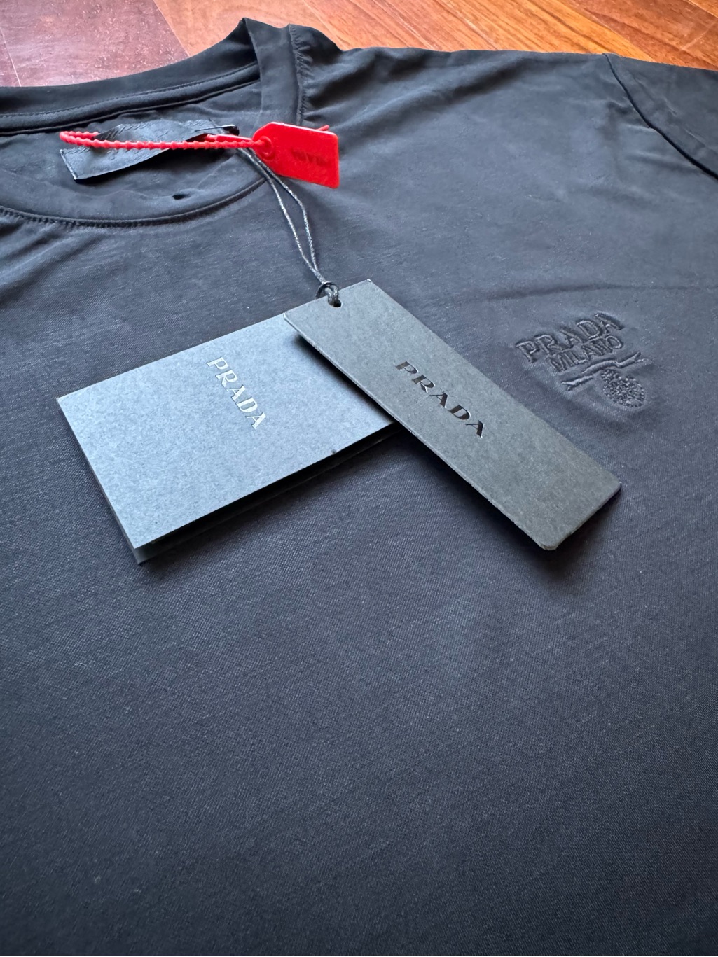 Prada Black Short Sleeve Logo Tee With Red Tag